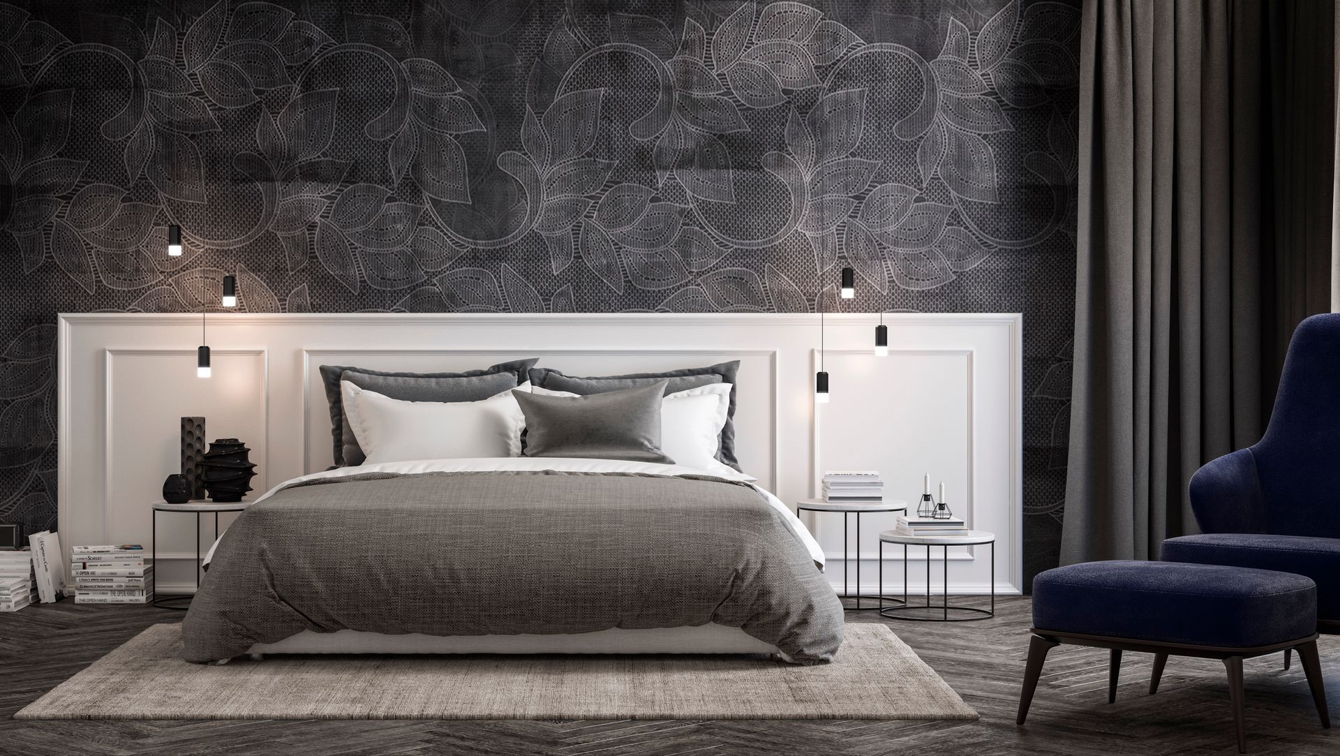 Camera da letto moderna con boiserie bianca