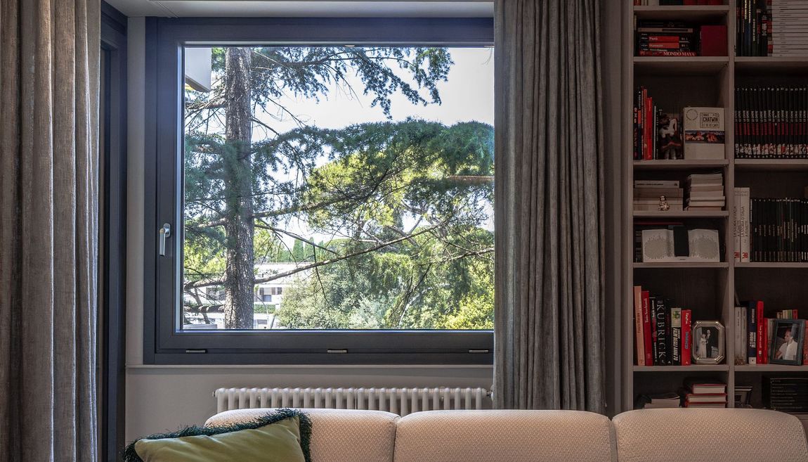 Soggiorno con un'ampia finestra che incornicia gli alberi, un termosifone sottostante e librerie accanto a un divano.