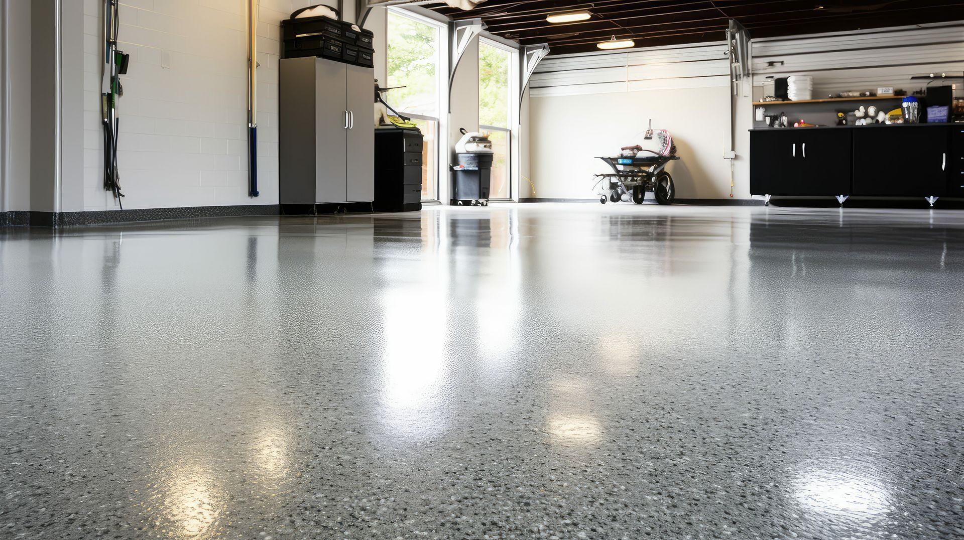 A garage with a shiny concrete floor and cabinets