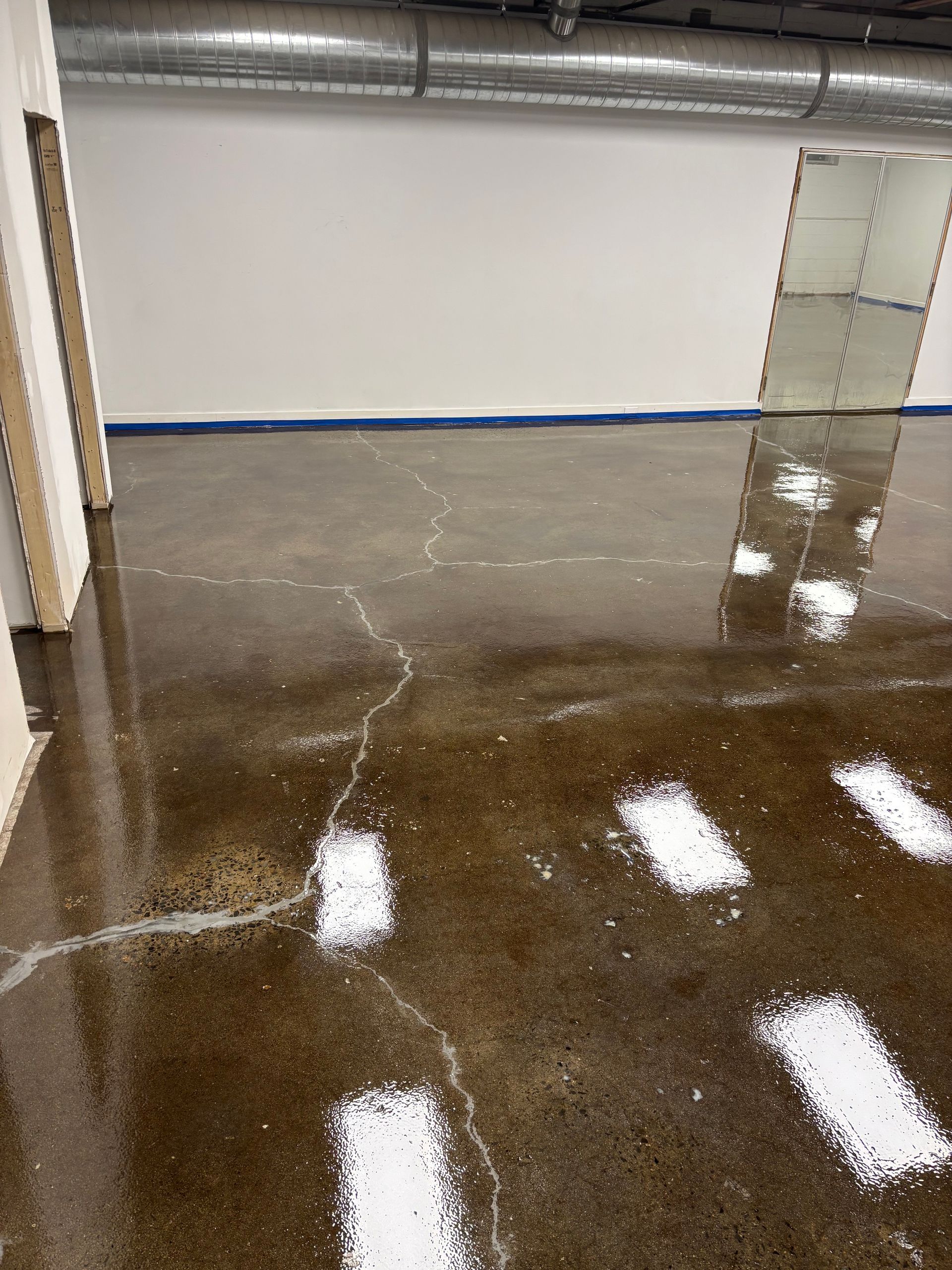 A room with a concrete floor and a white wall