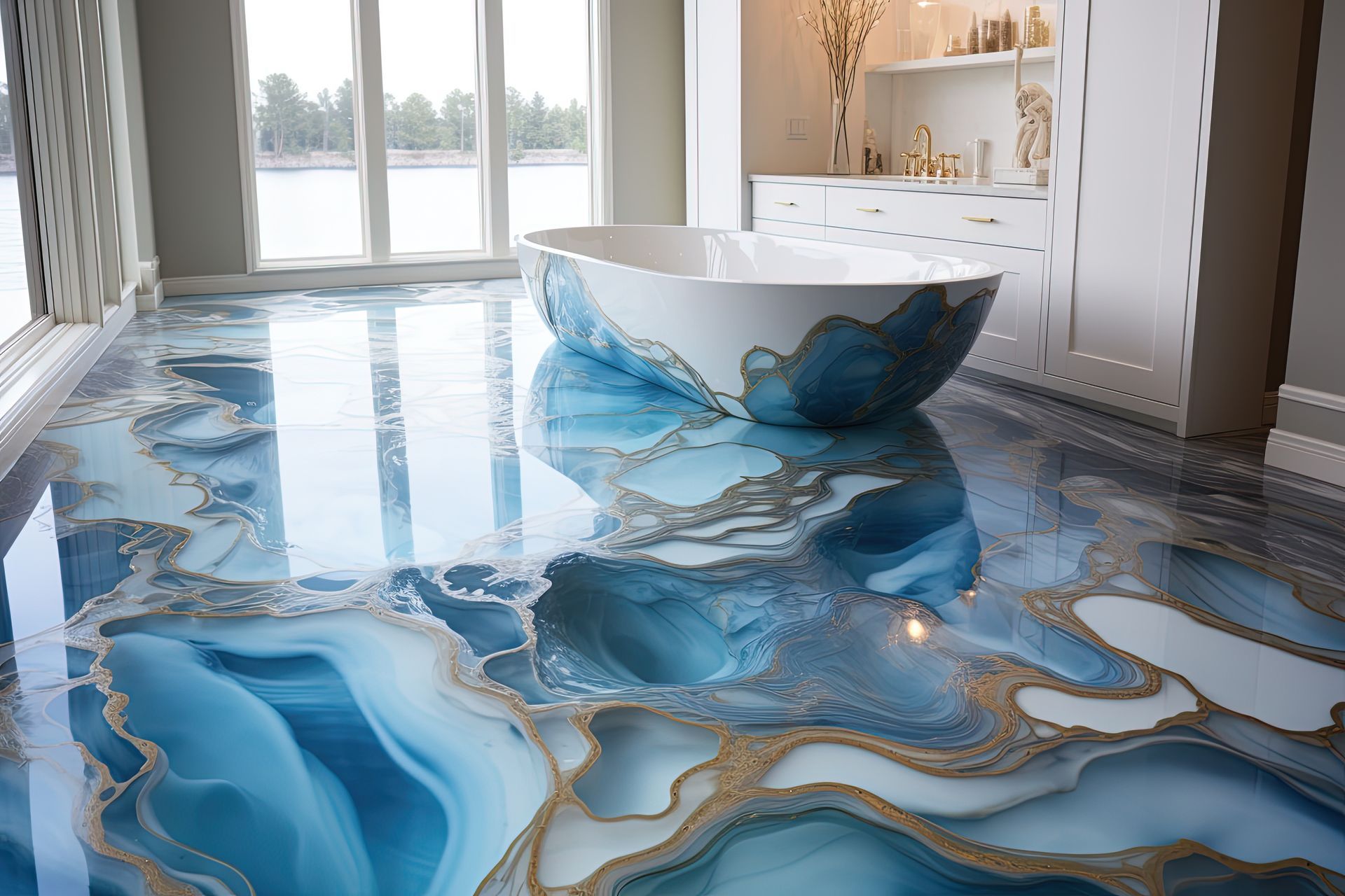 A bathroom with a bathtub and a blue and gold floor.