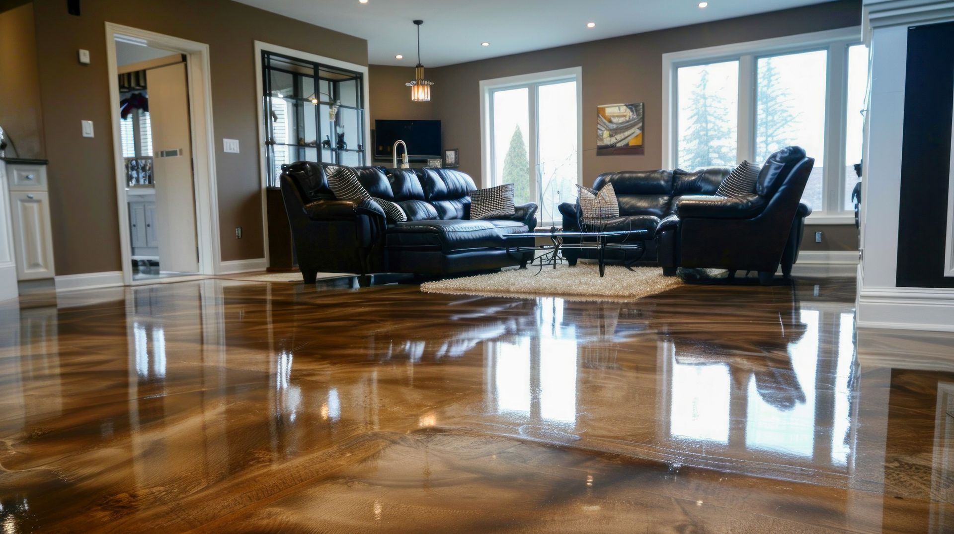 A living room filled with furniture and a shiny concrete floor.