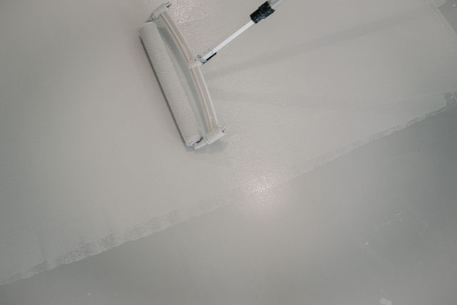 A person is painting a floor with a roller.