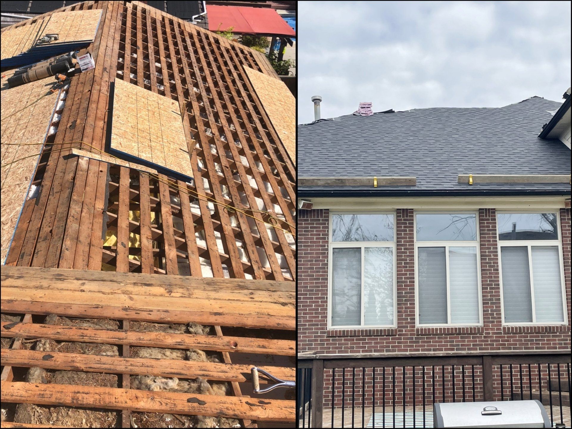A picture of a roof being removed and a picture of a house with a roof being installed.