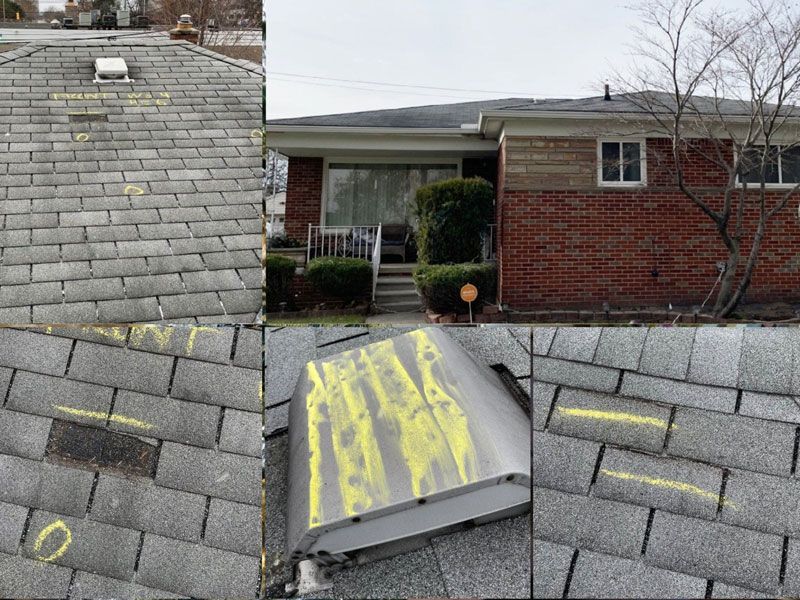 A collage of three pictures of a roof and a house.