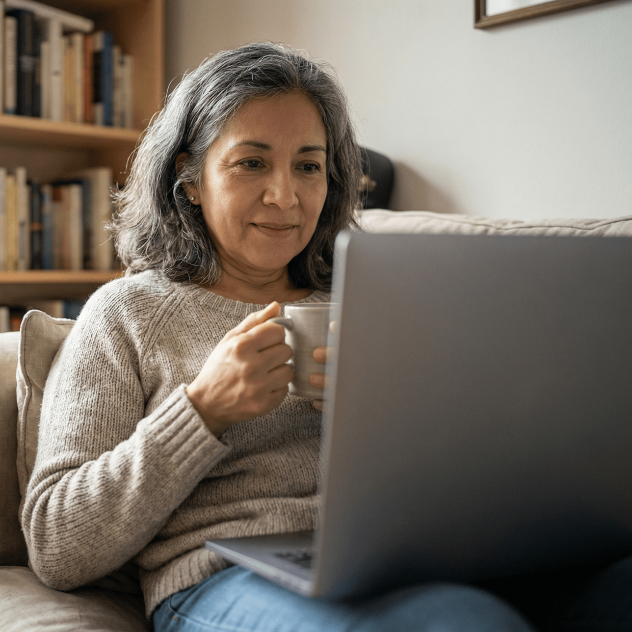 Woman sitting on a couch, using a laptop, holding a mug, and looking at the screen.