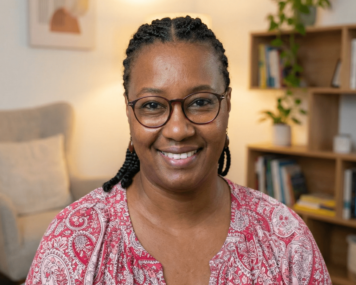 Woman with glasses smiles; sitting in a cozy room, bookshelf and abstract art visible in the background.