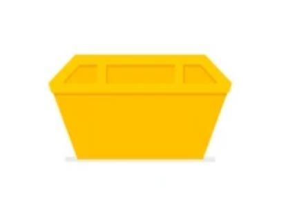 a yellow dumpster with a lid on a white background .