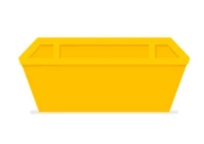 a yellow dumpster with a lid on a white background .