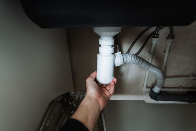 Hand holding a white sink drain pipe under a bathroom sink during plumbing repair
