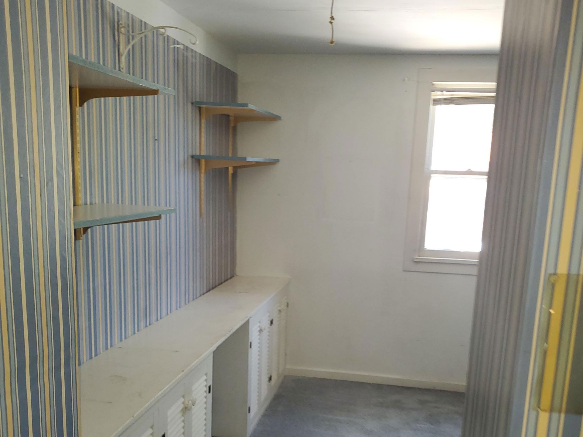 an empty bedroom with a carpeted floor and a closet .