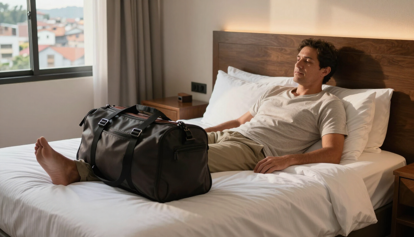 Viajero descansando en una habitación de hotel en Itagüí