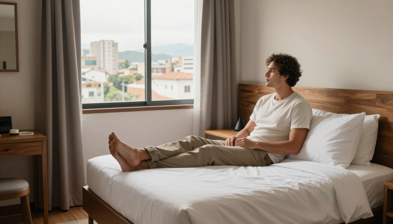 Viajero descansando en una habitación de hotel limpia en Itagüí