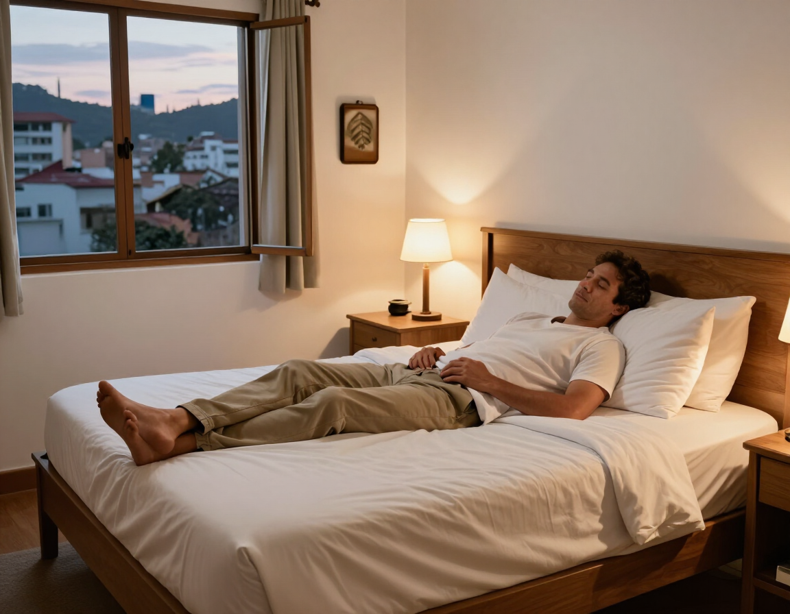 Viajero descansando en una habitación sencilla y acogedora