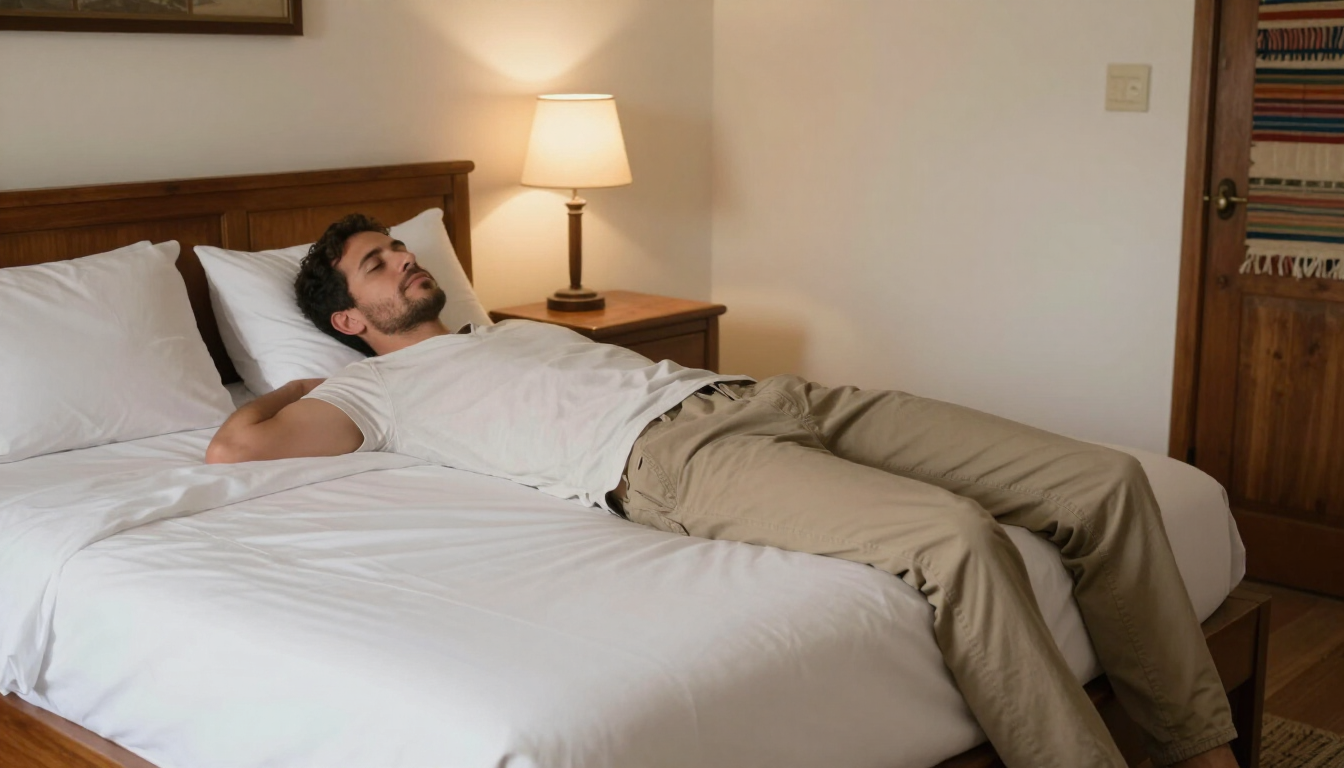 Viajero descansando en una habitación sencilla y tranquila