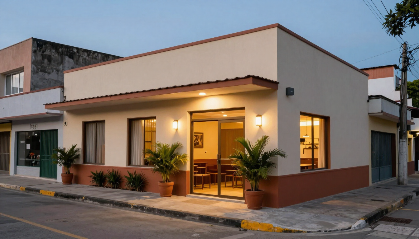 Exterior acogedor de un hotel económico en Itagüí al atardecer