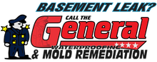 Advertisement: "Basement Leak? Call The General" with a cartoon general in uniform. Services include waterproofing and mold remediation.