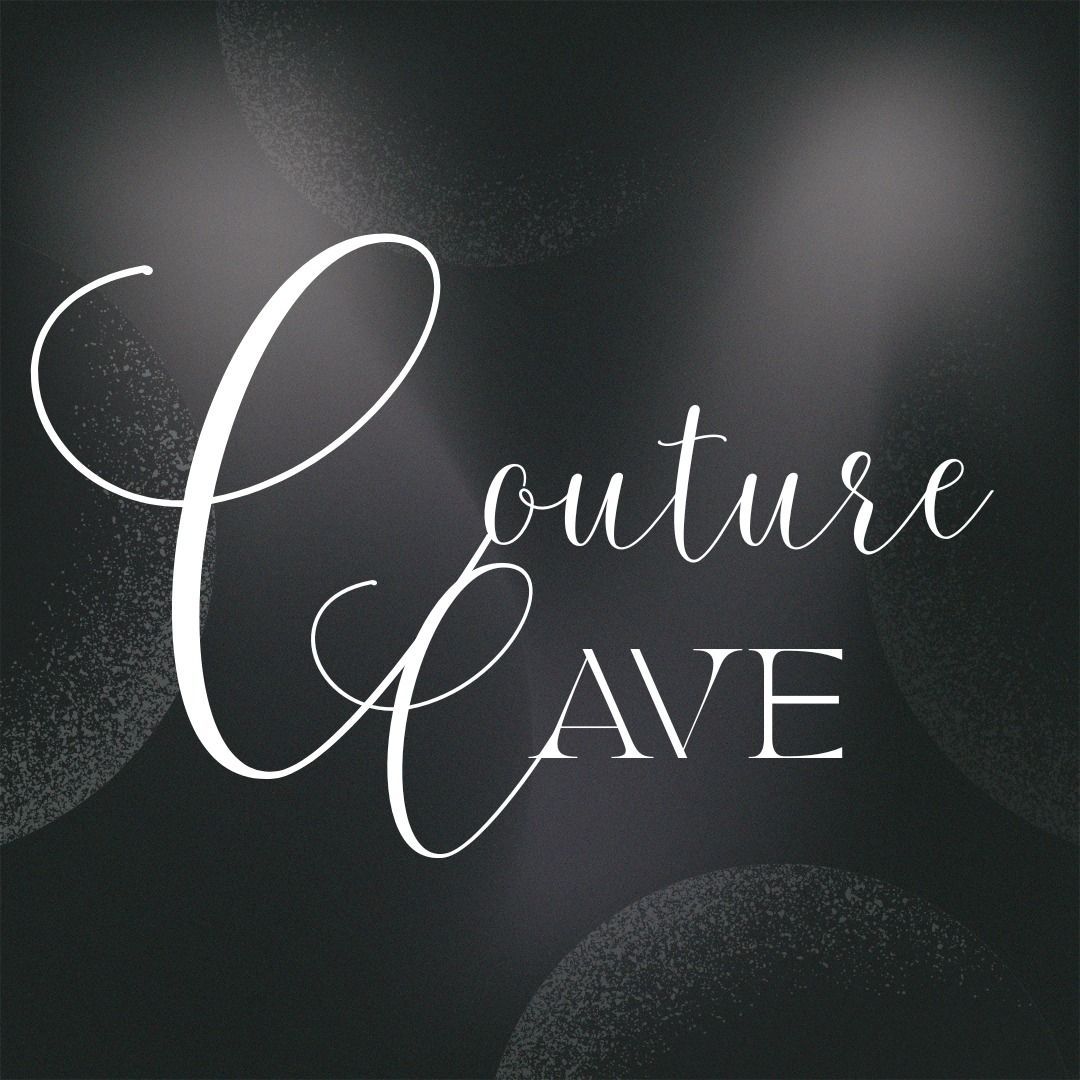 White “Couture Cave” logo on a dark, blurred background
