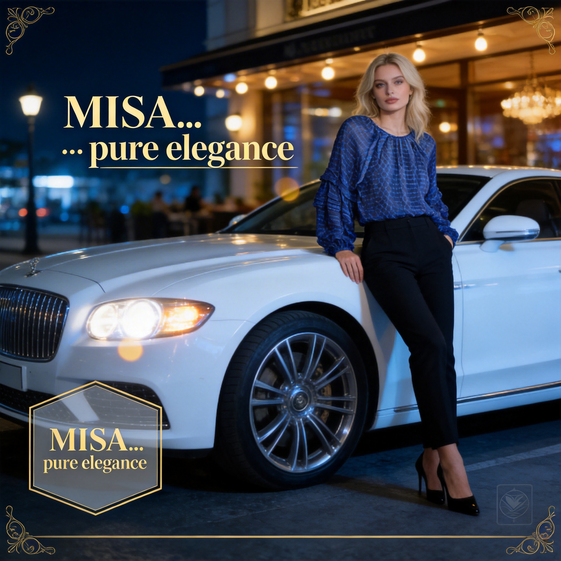 A blonde model in a blue top and black trousers leans against a white luxury car in front of a building at night.