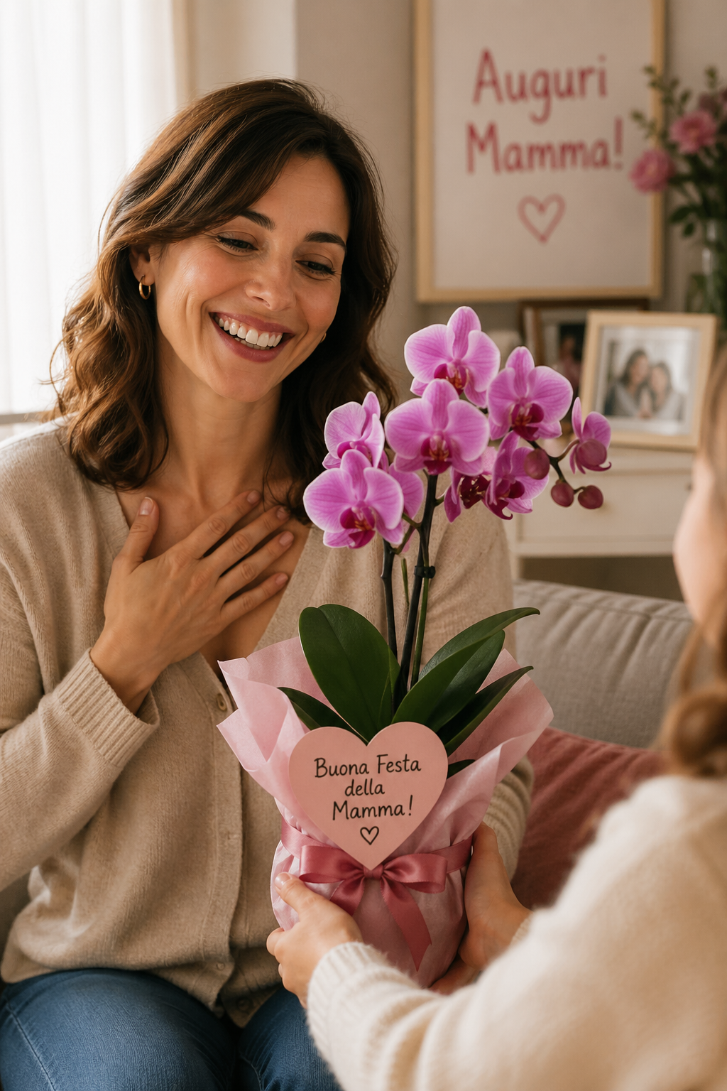 Una donna sorride mentre riceve delle orchidee rosa in un vaso avvolto a forma di cuore