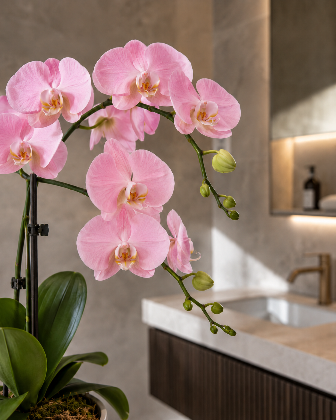 Un'orchidea rosa sboccia in un bagno moderno accanto a un lavabo in marmo.