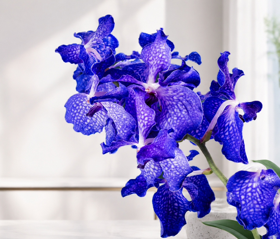 Primo piano di orchidee viola acceso su uno sfondo luminoso e leggermente sfocato.