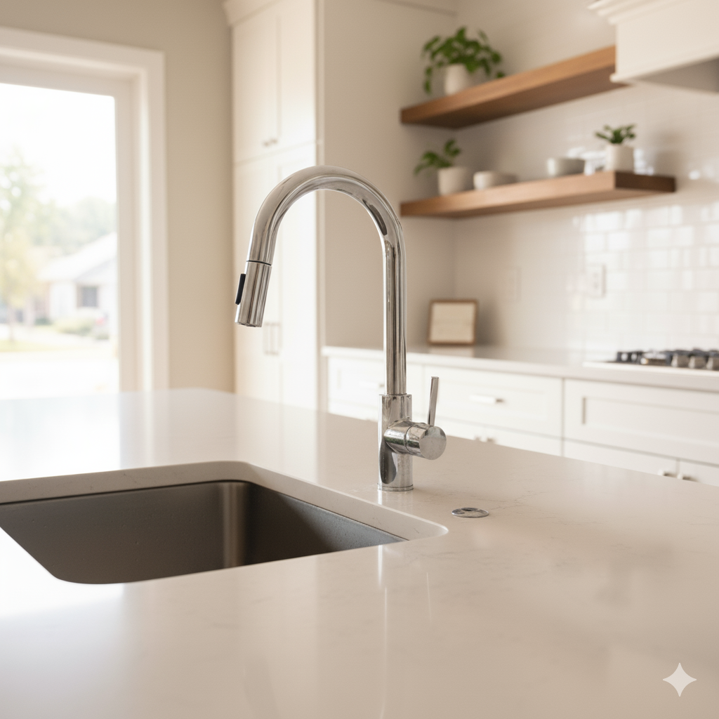 Stainless steel kitchen faucet over a square sink on a white countertop; white cabinets, wooden shelves