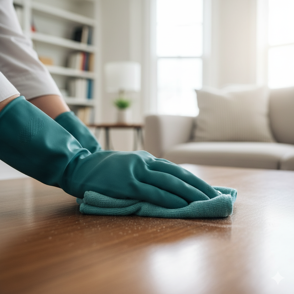 Hands in teal gloves wiping a wooden table with a blue cloth, living room in background.
