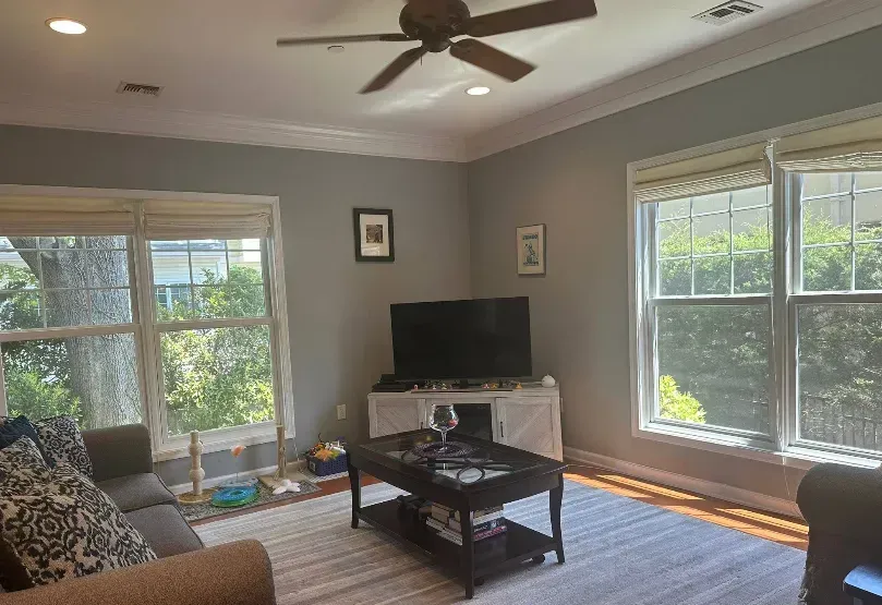 Living room with gray walls, sofa, TV, windows, and ceiling fan. Sunlight streams in.