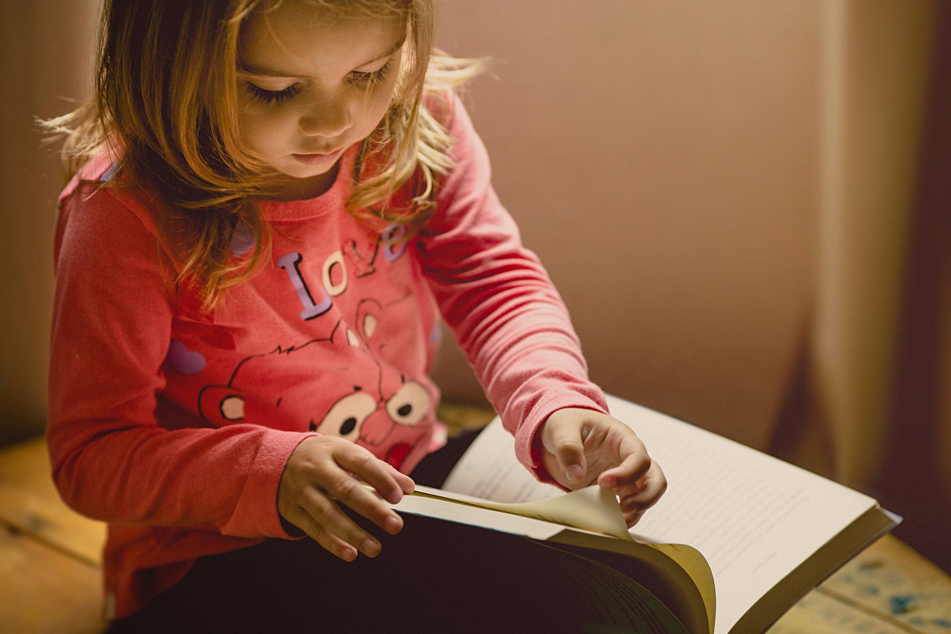 Young child reading a book.