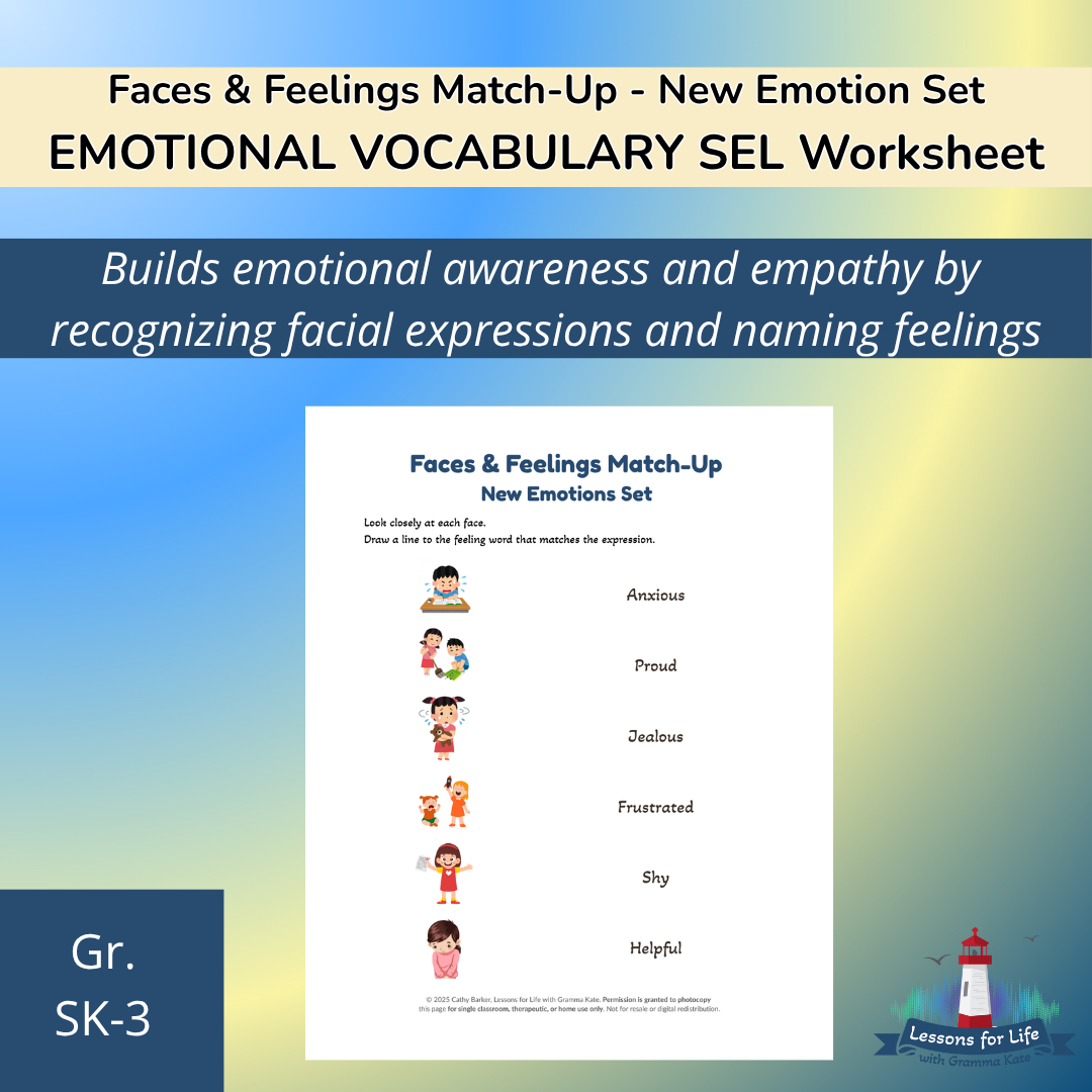 Faces & Feelings SEL worksheet featuring new emotions for Grades SK–3