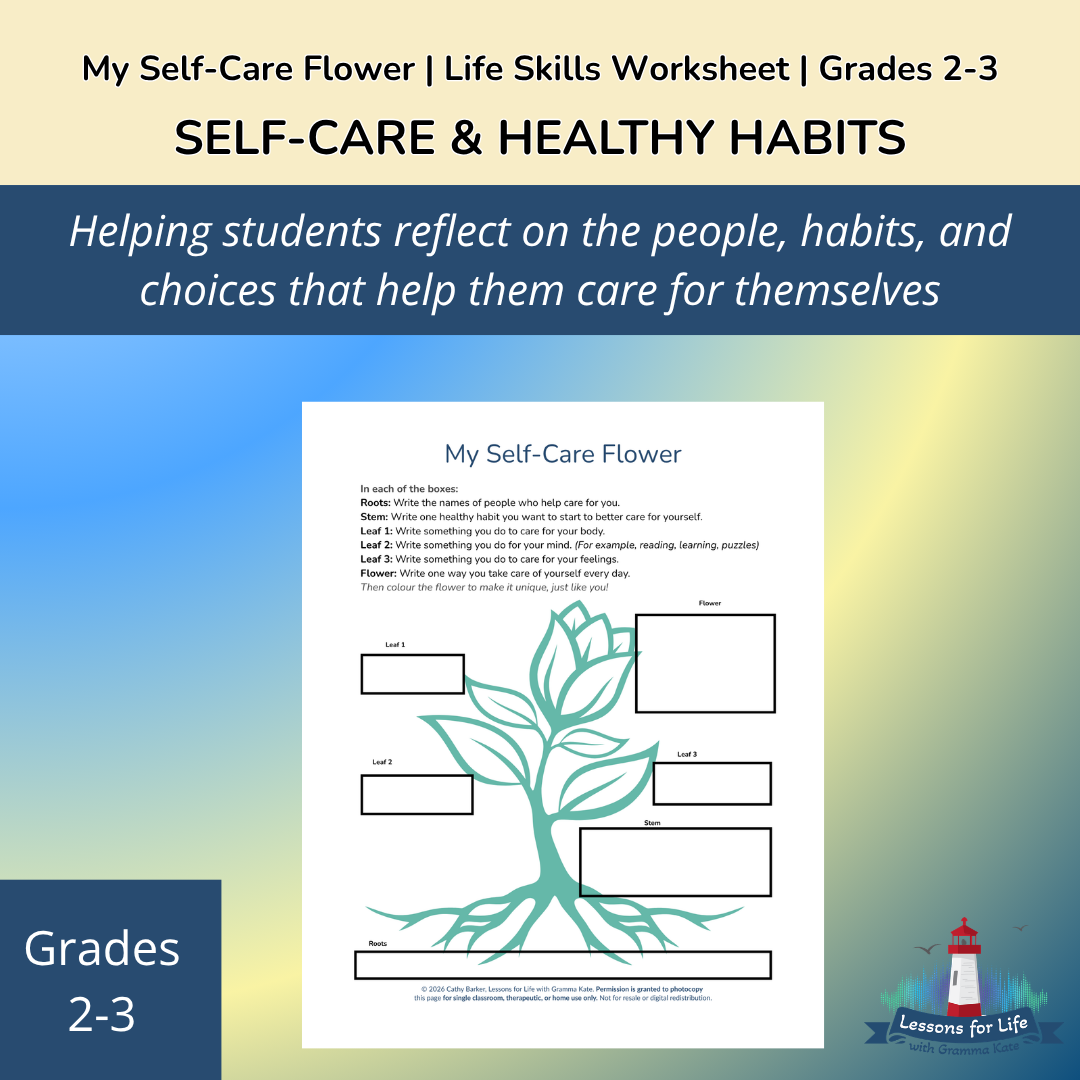 A printable Grades 2–3 life skills worksheet thumbnail featuring a self-care flower graphic organizer. The image includes a blue-and-green background, the title “My Self-Care Flower,” the heading “Self-Care & Healthy Habits,” a worksheet preview, and a grade-level label.