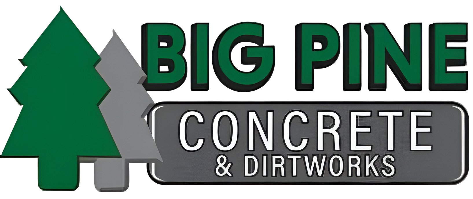 Big Pine Concrete & Dirtworks logo with green pine tree and gray concrete text