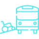 Cyan line icon of a bus facing a wheelchair ramp or small vehicle on a white background