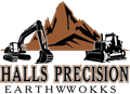 Halls Precision Earthworks logo with two excavators flanking a brown mountain graphic