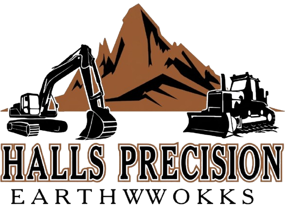 Halls Precision Earthworks logo with two excavators flanking a brown mountain graphic