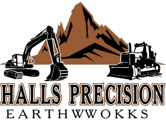 Halls Precision Earthworks logo with two excavators flanking a brown mountain graphic