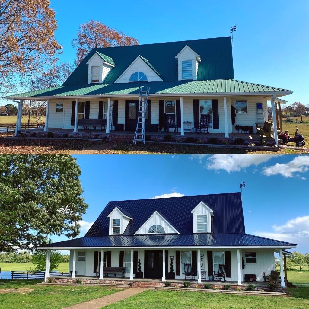A before and after picture of a house with a green roof