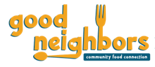 Orange “good neighbors” logo with a fork and small blue “community food center” banner