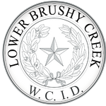Circular black and white seal of Lower Brushy Creek W.C.I.D. featuring a central star surrounded by a wreath.