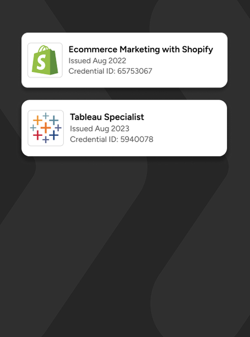 Two cards, "Web Analytics" for Grammy's and "Sustainability" for Intel, on a blurred colorful background.