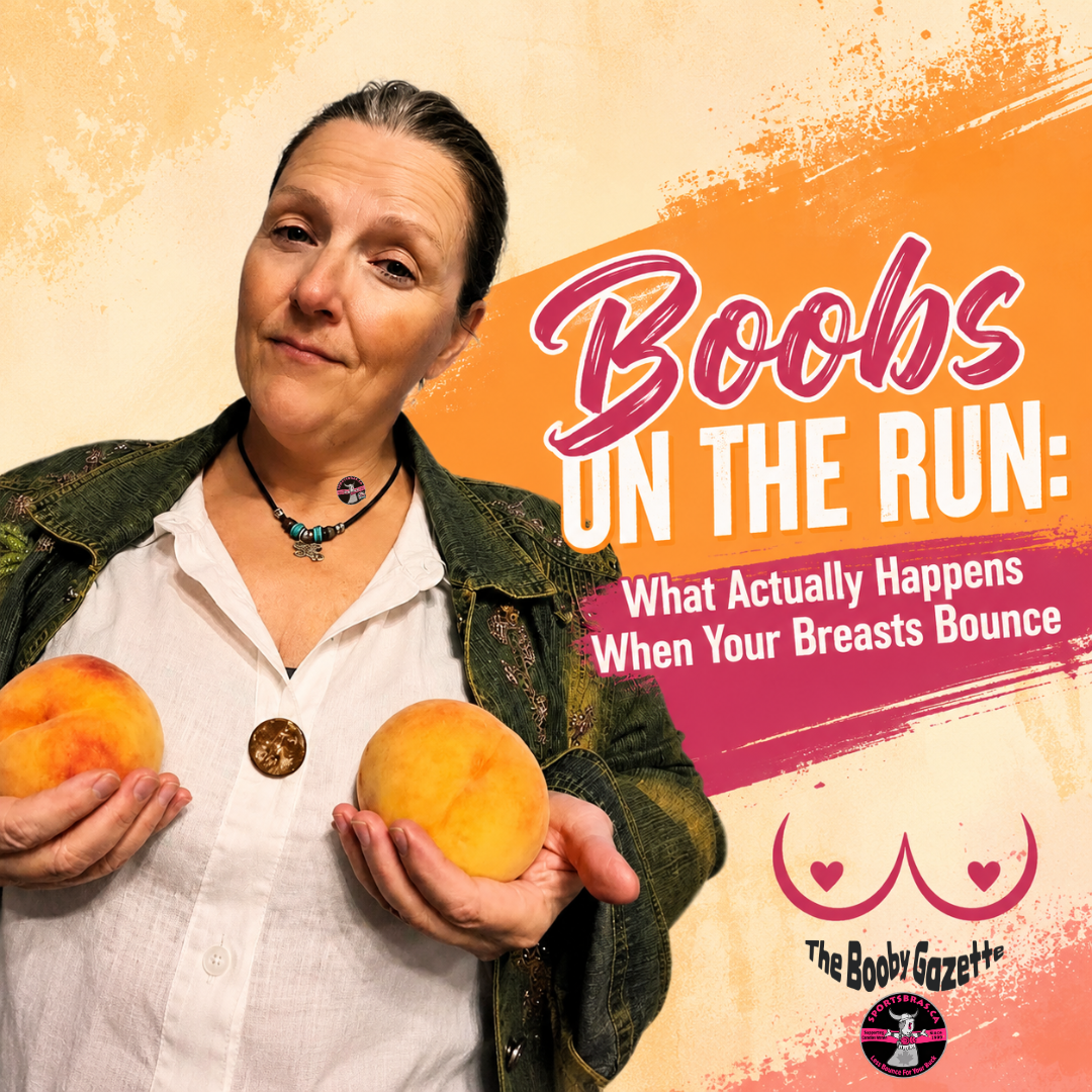 Woman holding peaches for Boobs on the Run article about breast bounce and sports bra support