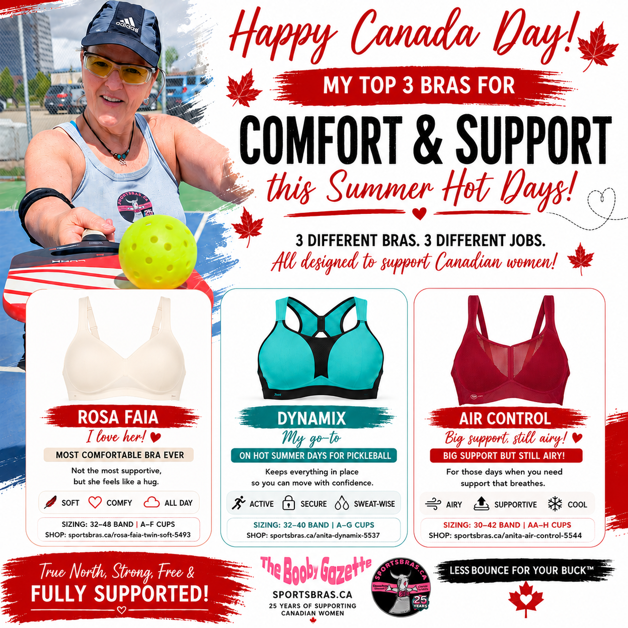 Happy Canada Day sports bra guide featuring Brigitte Lessard's top 3 summer bras: Rosa Faia Twin Sof