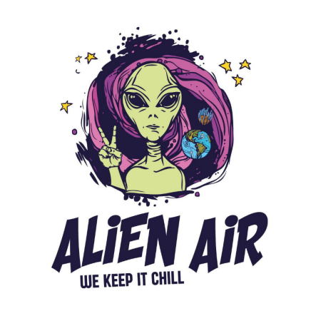 Alien head with stars and Earth above “ALIEN AIR” and “WE KEPT IT CHILL” text