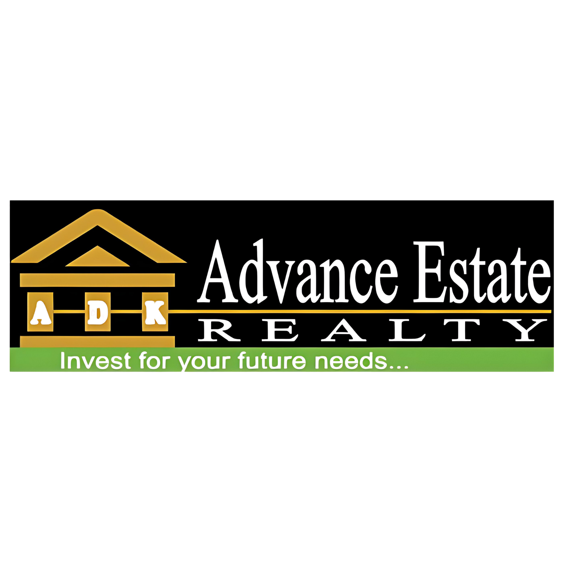 Logo for Advance Estate Realty with a gold building icon, black text, and the slogan