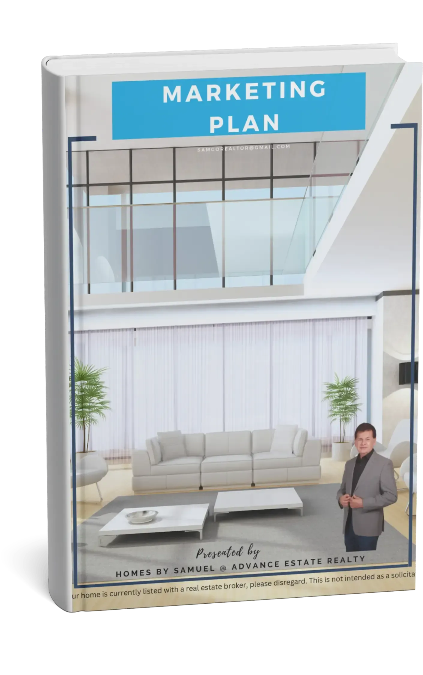 A book titled marketing plan has a picture of a living room