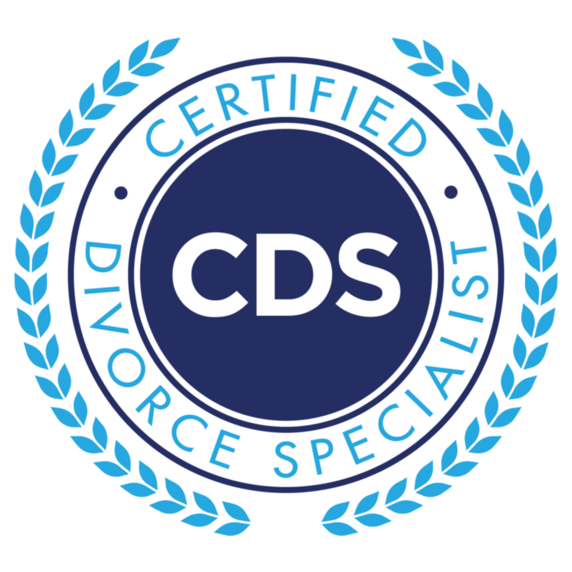 A blue and white circular logo for a Certified Divorce Specialist, featuring the acronym CDS in the center.