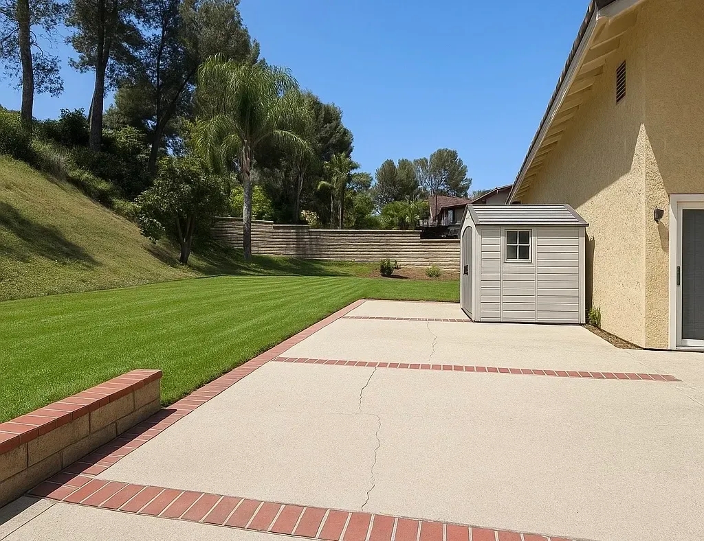 A shed sits in the backyard of a house