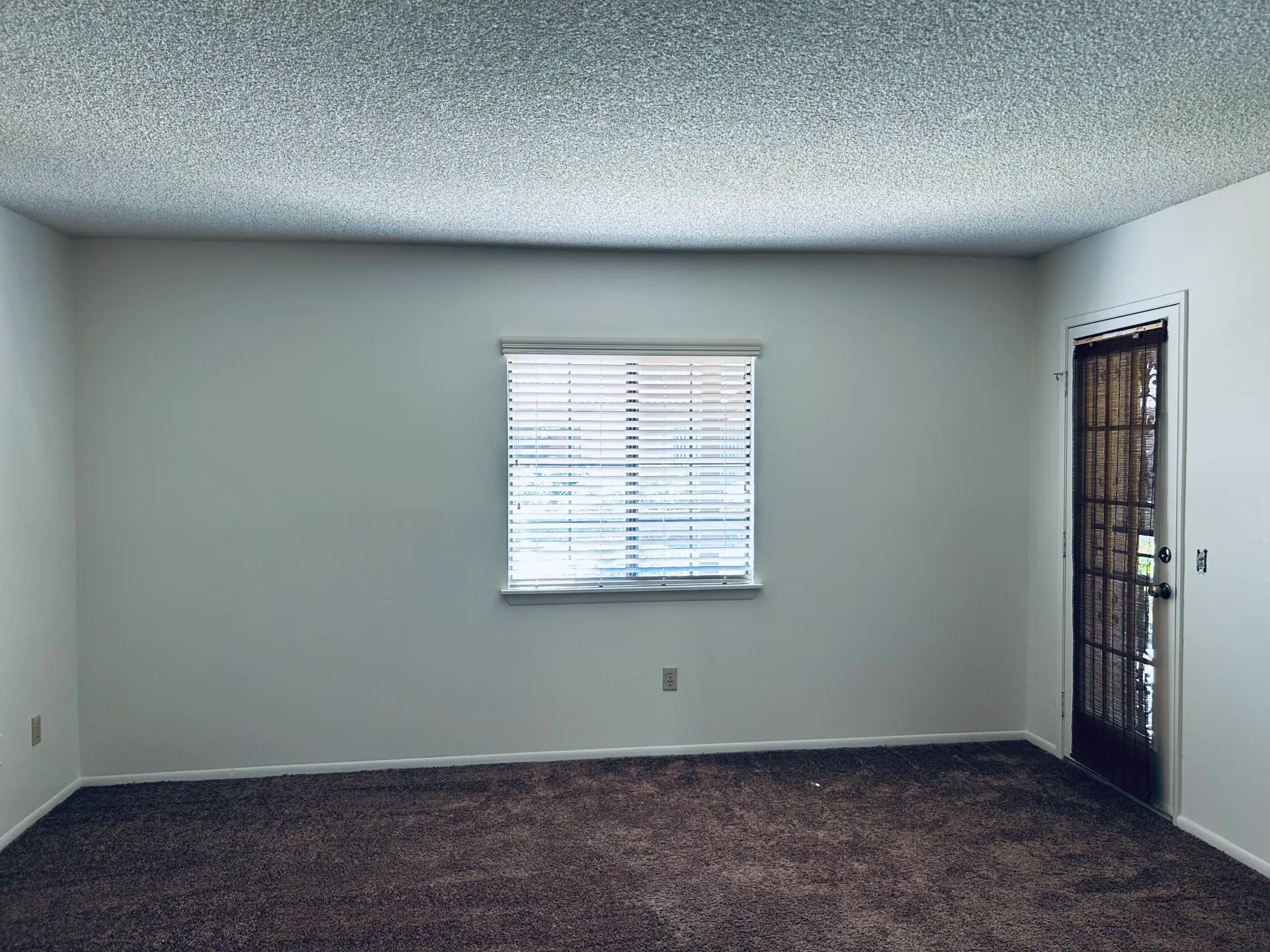 An empty living room with a window and a door