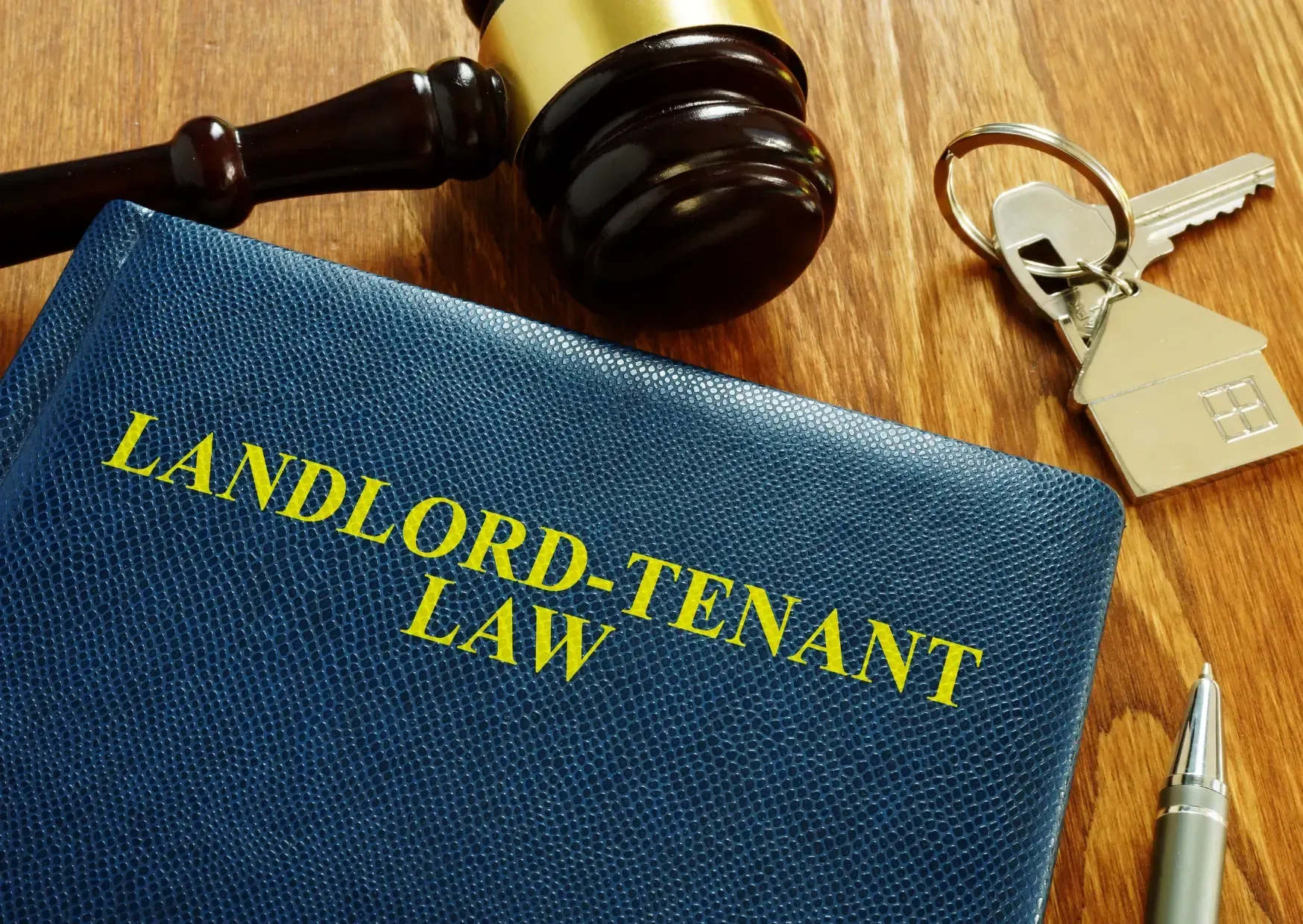 Landlord-tenant law book beside a gavel, keys, and a pen on a wooden table